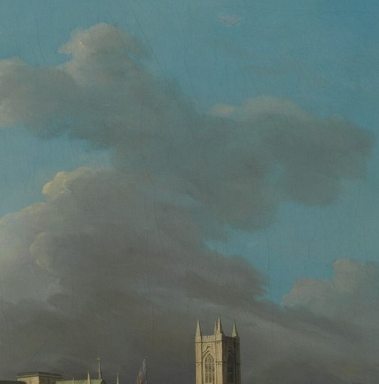 The Gothic towers ground the scene geographically and contrast the medieval sacred city with the modern civil engineering project being built in front of it , an intentional compositional counterpoint.
