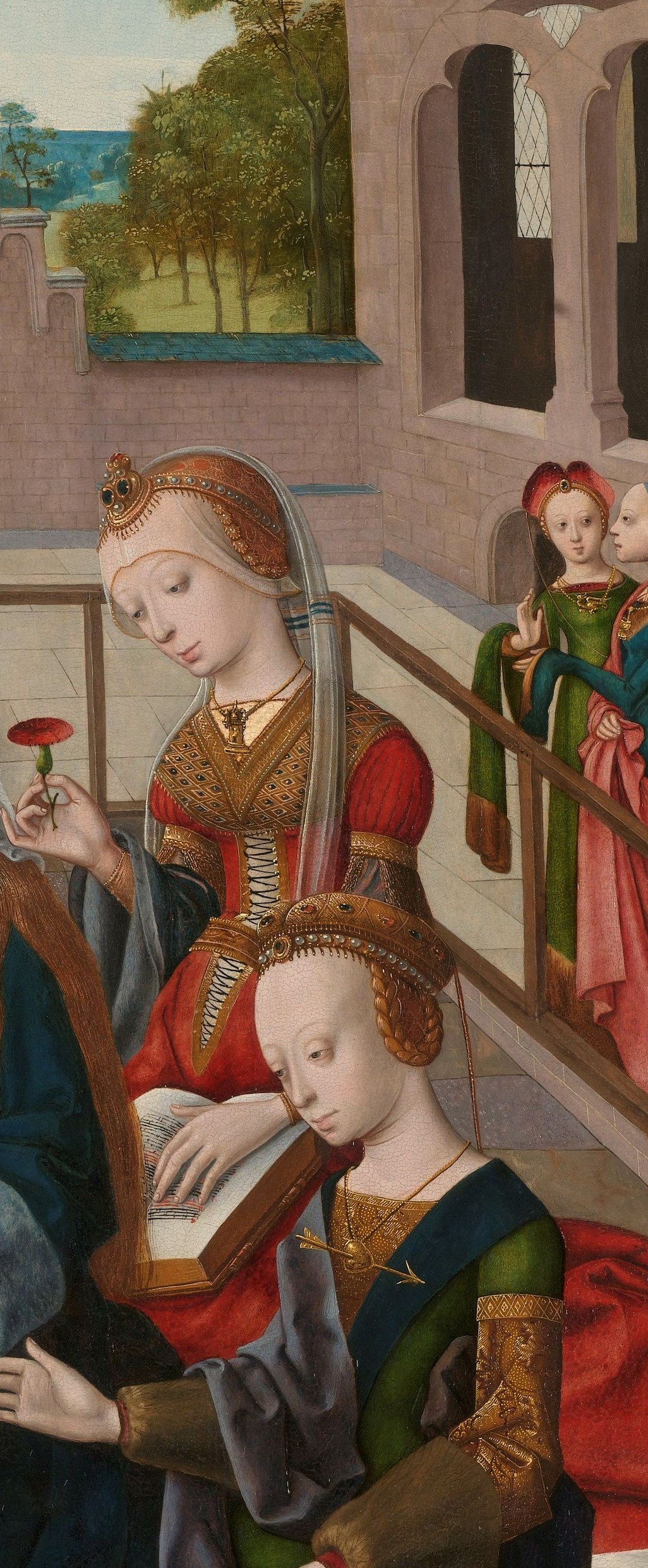 Four virgin saints gather around Mary in an enclosed garden.