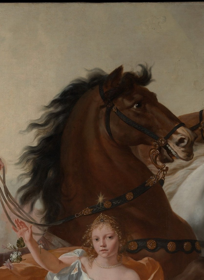 Behind her, Apollo's horses surge forward with the sun itself.