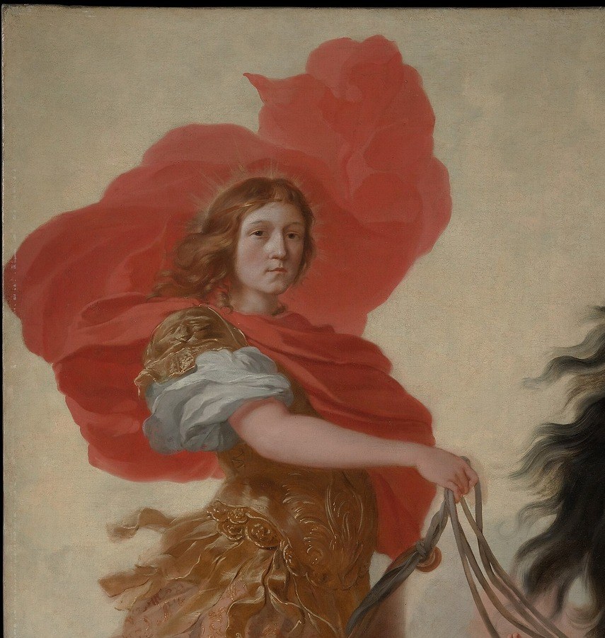 The cloak's explosive, centrifugal sweep is the composition's most kinetic passage , a painterly tour de force of flying drapery conveying divine speed and solar energy.