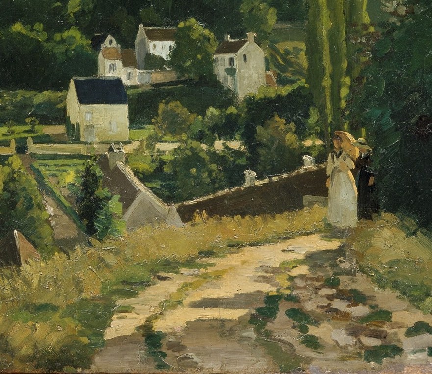 The curve of the road guides the viewer's gaze into depth , a classic compositional spine that gives the painting its sense of journey.