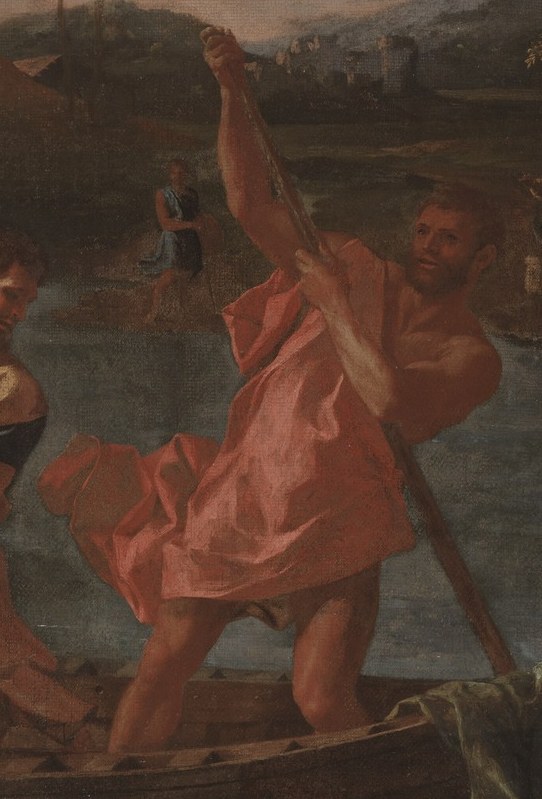 His determined posture and effort suggest the arduous nature of their journey.