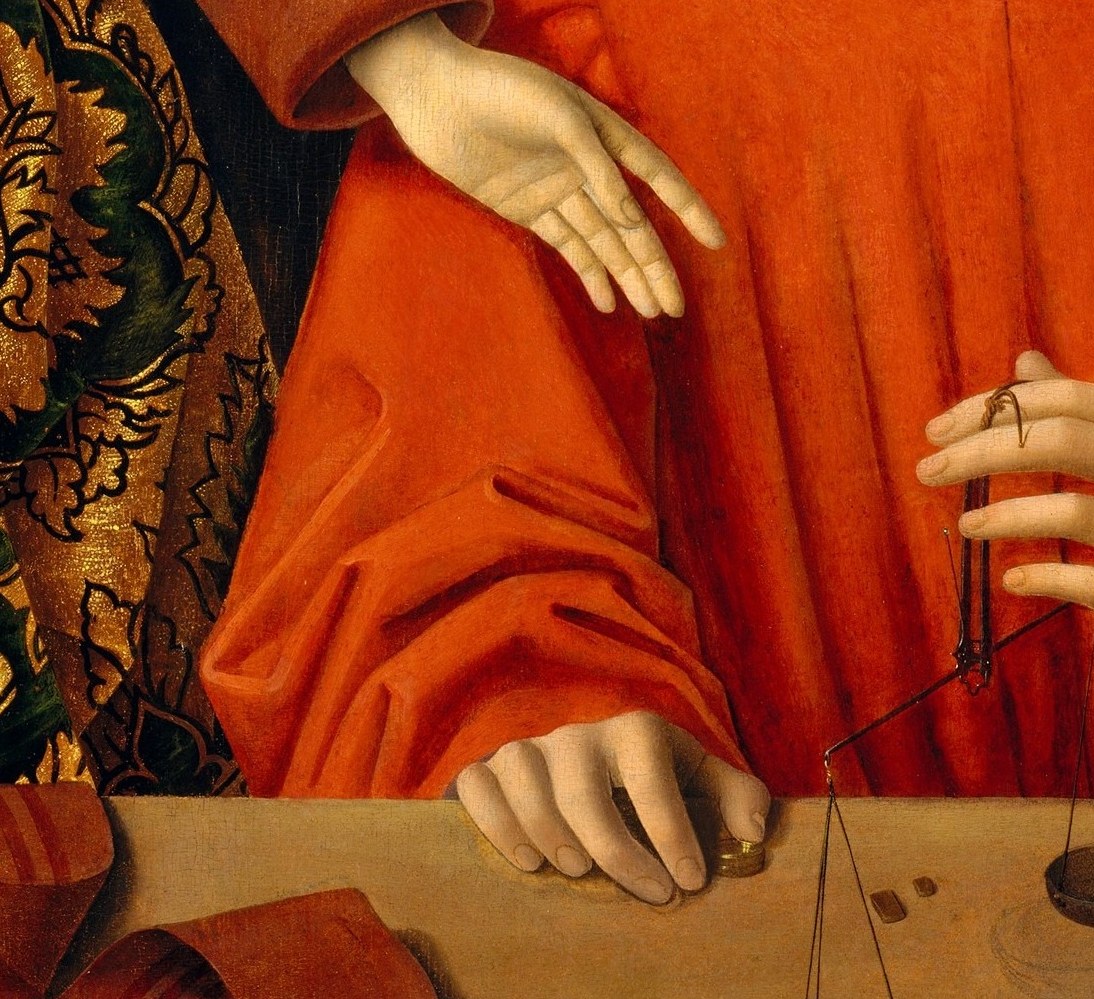 The hands are where the transaction literally happens; the precise grip echoes the craft's demand for fine motor control and is the compositional anchor of the lower-center.