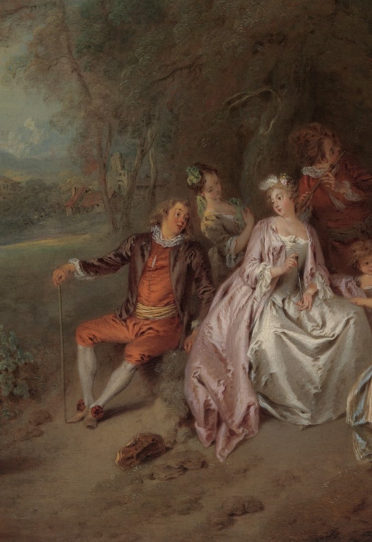 Brightest tonal passage in the composition; her voluminous Rococo dress is the visual anchor around which all other figures orbit , a camera landing here captures the painting's entire social energy