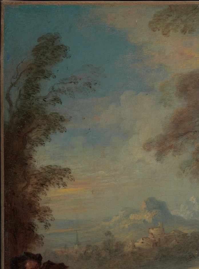 The dominant coulisse tree is a fête galante convention borrowed from theatrical staging; its warm dark foliage intensifies by contrast the pale sky and white dress
