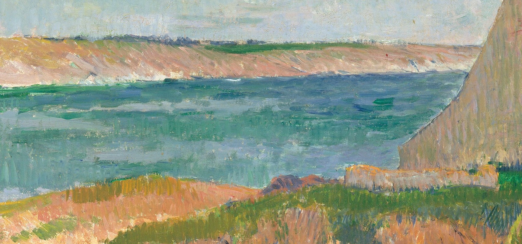 Notice the expressive brushwork in the choppy sea and cloudy sky.
