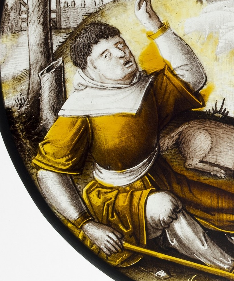 His upward-pointing gesture and tilted face capture the exact instant of astonishment , a strong human-lane face for emotional close-up.