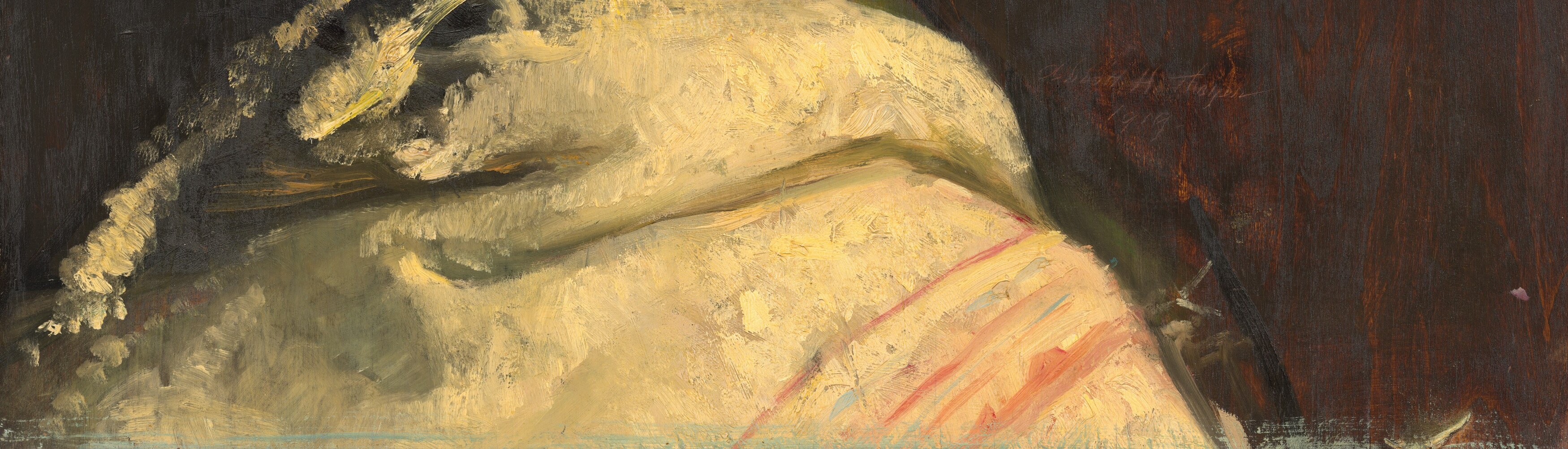 But his collar and shoulders dissolve into broad, sketchy strokes.