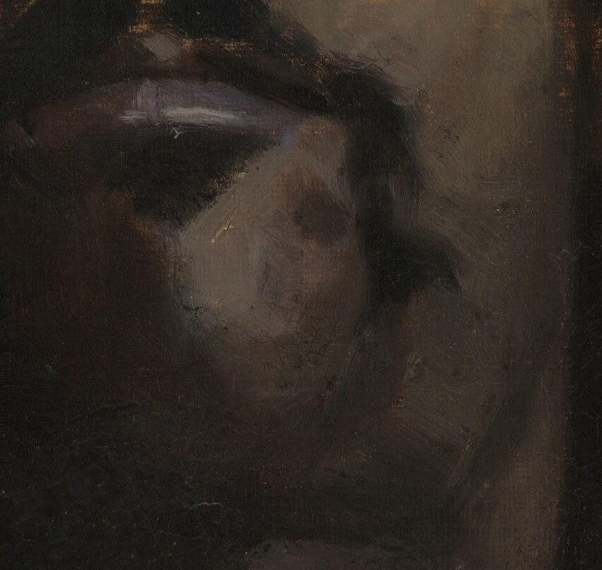 The artist used dramatic shadows to shape his face.