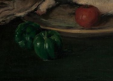 The grape cluster introduces texture contrast , small round forms against the long flat fish , and is a classical still-life symbol of abundance and transience