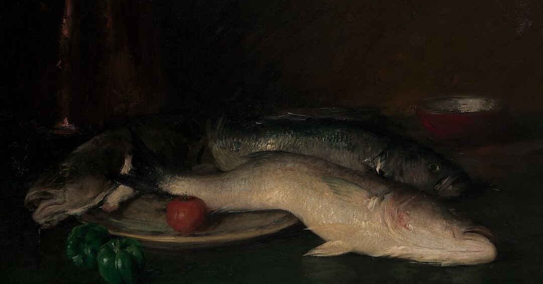 The primary subject , its silvery-pale belly and dark dorsal surface demonstrate Chase's bravura brushwork capturing fish scales and wet sheen with minimal strokes