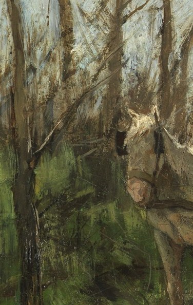 Look beside the horse. Someone else is walking.