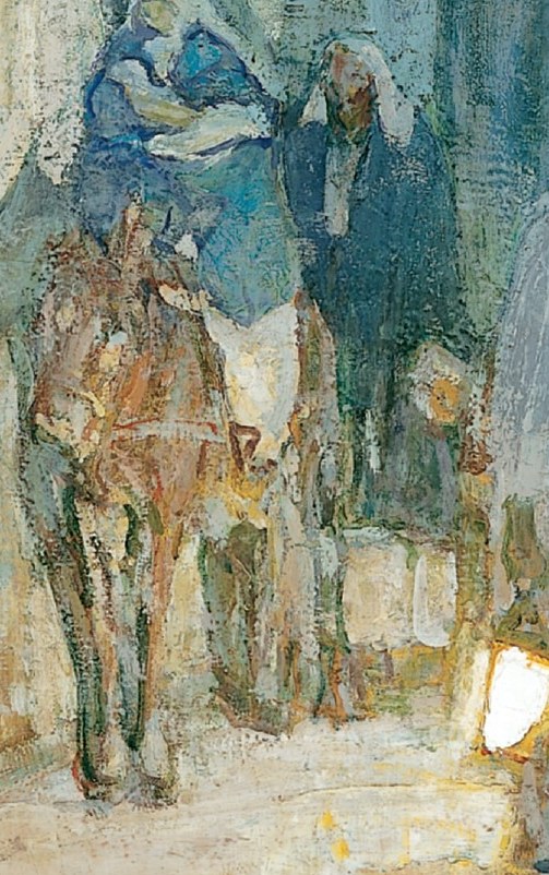 The central figure, possibly Christ, is cloaked and appears to be on horseback, suggesting a journey or arrival.