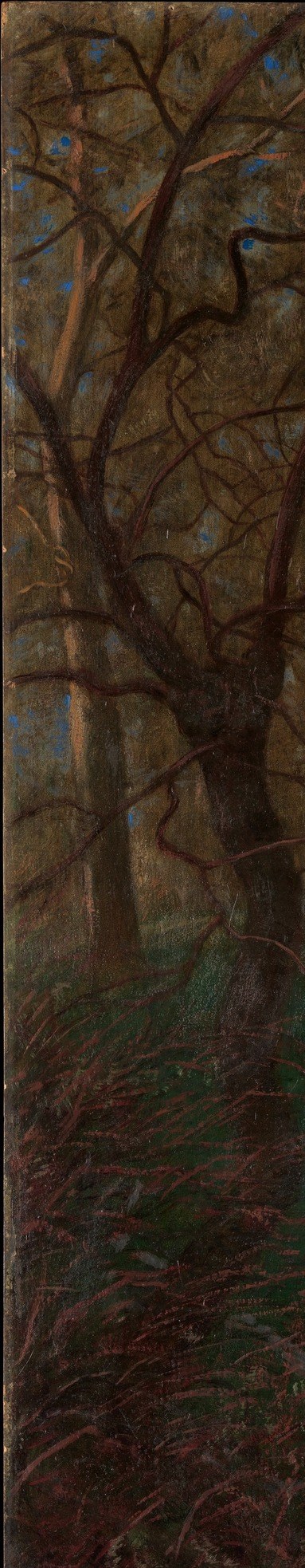 The thickest trunk acts as a repoussoir frame that pushes the eye inward; its rough bark texture is one of the few passages with tactile detail.