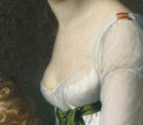 The single vivid color accent in an otherwise white composition; green against white signals spring/nature resonance in Neoclassical iconography and anchors the costume's status.