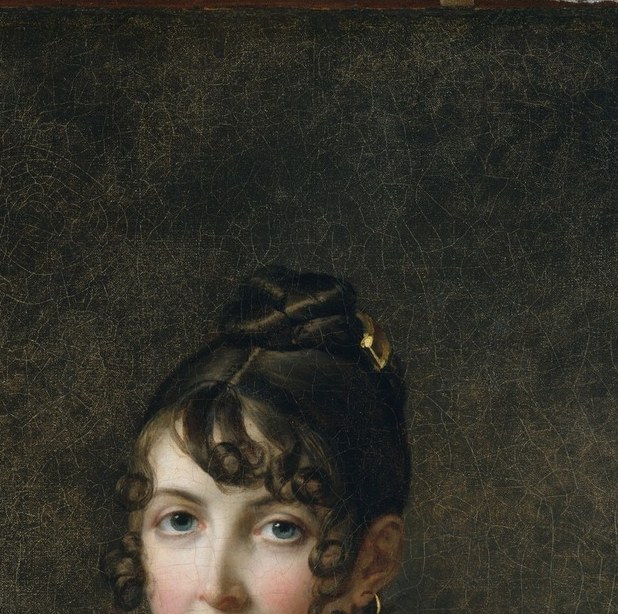 Poised, slightly cool expression that holds the viewer at arm's length , the look of the colonial wealthy rather than sentimental maternity; the modeling reveals Davidian training.
