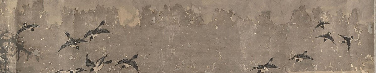 A controlled gradation from warm ochre at the margins to cool grey-white at center creates depth and atmosphere without any defined horizon line , negative space as carefully crafted as any brushwork