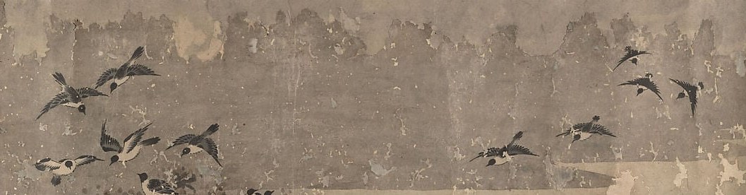 Dozens of small ink-brushed bird silhouettes scattered through the upper half in a loose migratory drift , an unusually kinetic subject for a Chinese handscroll, implying season, weather, and collective movement simultaneously