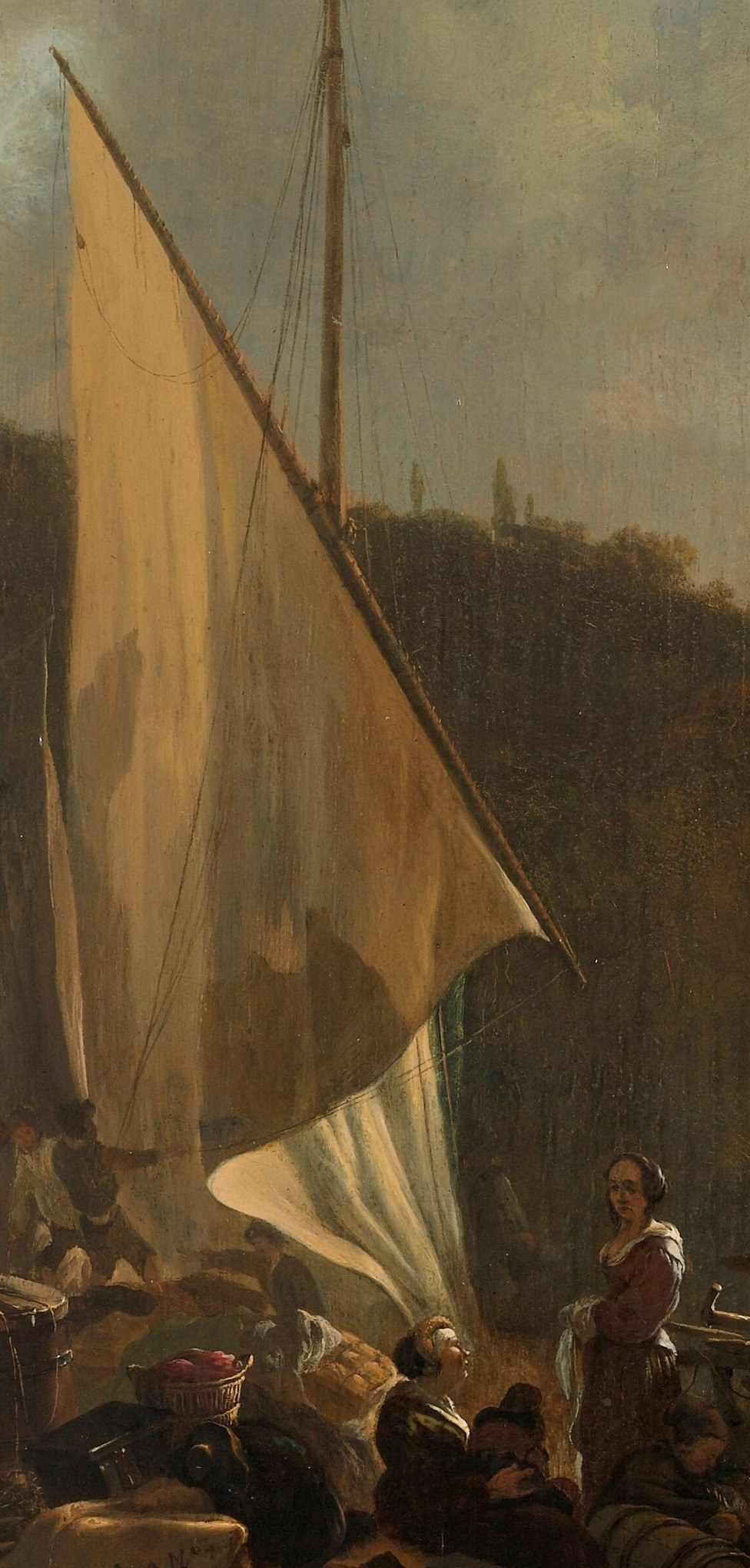 A tall boat carries cargo upriver.