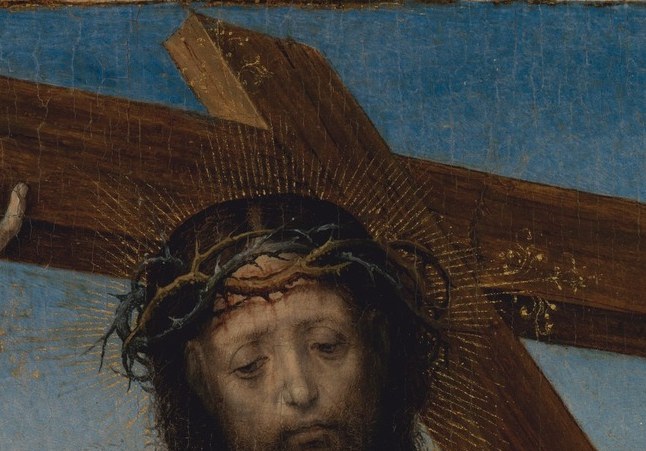 Close-up reveals individual thorn placements and the suggestion of blood , a Passion emblem that anchors the narrative moment