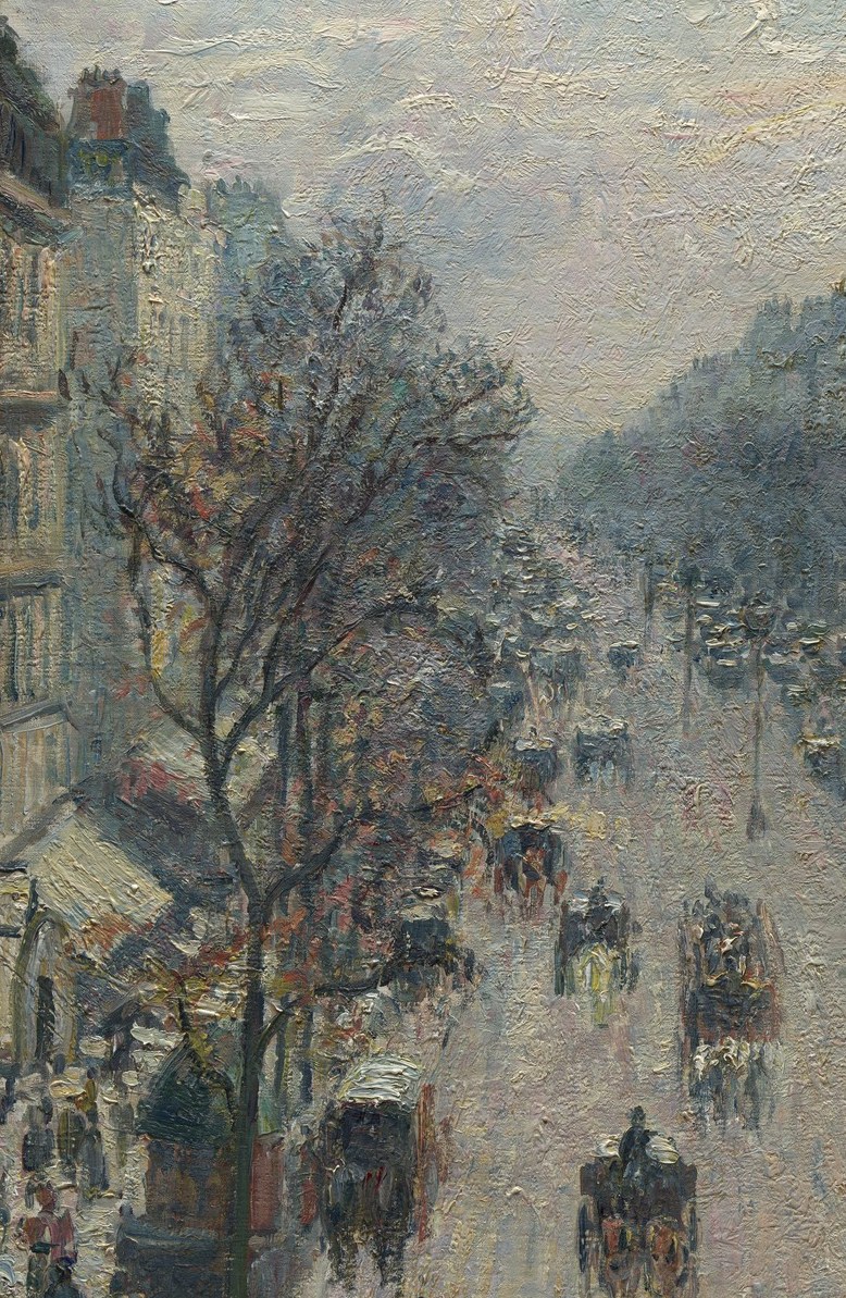 The skeletal winter branches create a lacy screen between viewer and boulevard, a signature Impressionist device that fragments and filters light