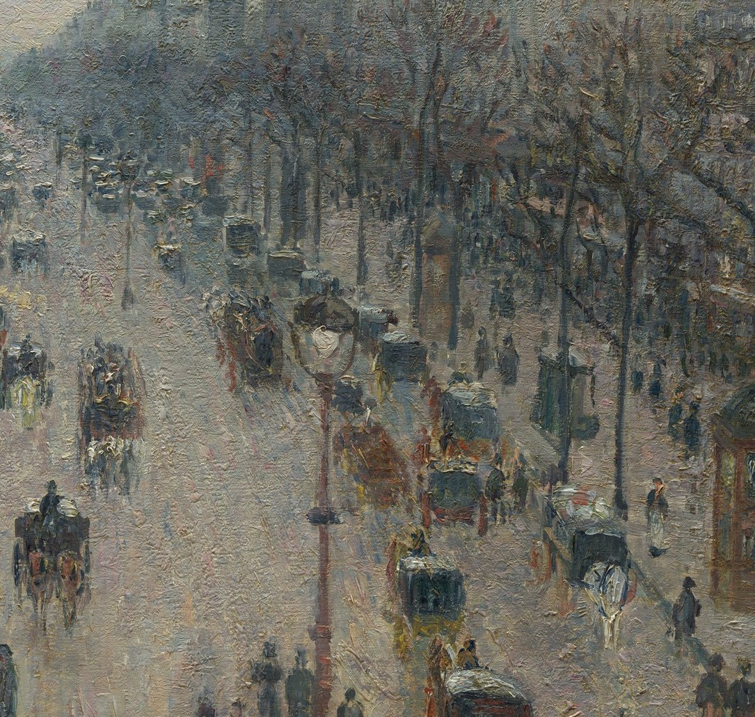 Pissarro's masterful perspective pulls the eye deep into the city , the street narrows to a luminous grey haze, dramatizing urban scale and the infinite crowd