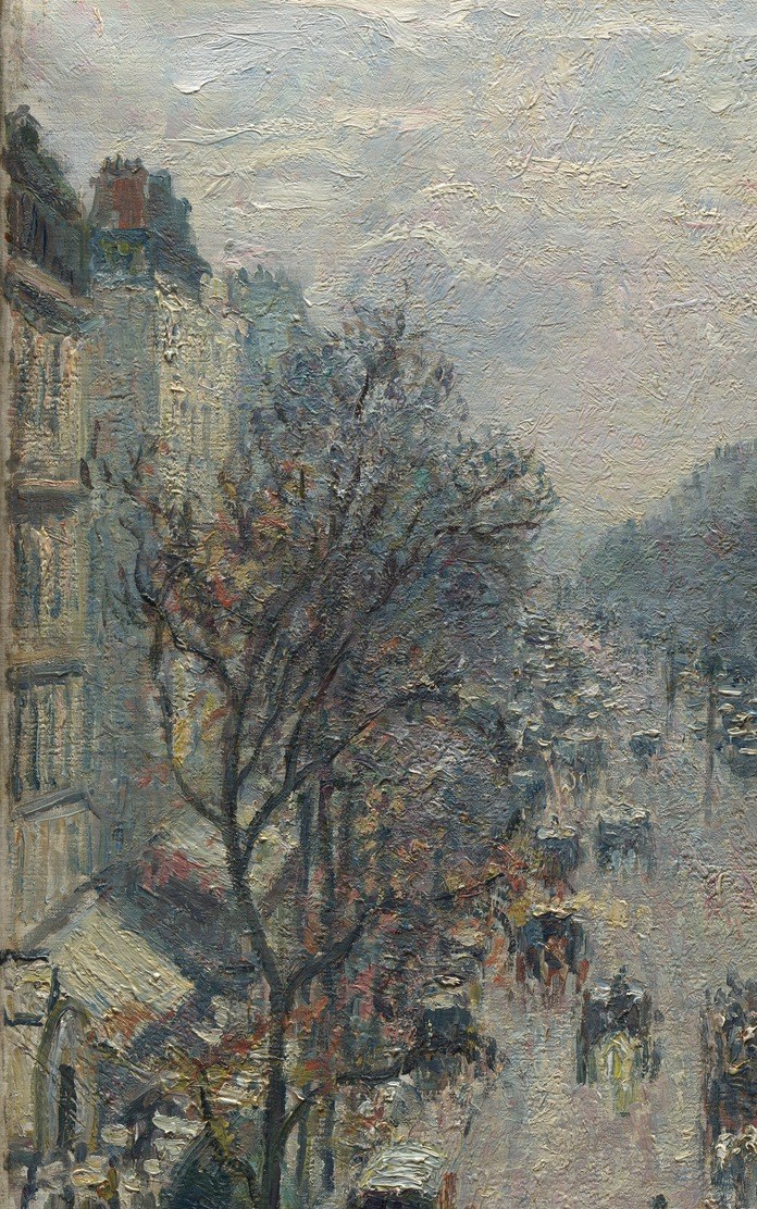 The uniform cream-grey limestone blocks of Haussmann's 1850s urban renewal , a visual symbol of the modern Paris Pissarro was documenting before it changed again