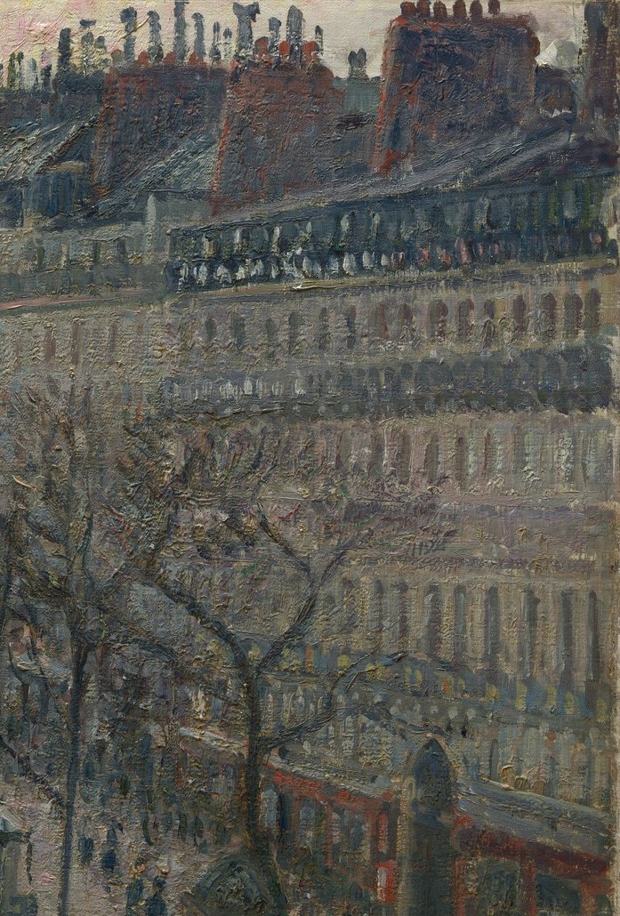 Chimneys and mansard rooflines are discernible; Pissarro rented a hotel room above this street specifically to paint this bird's-eye angle across multiple sessions
