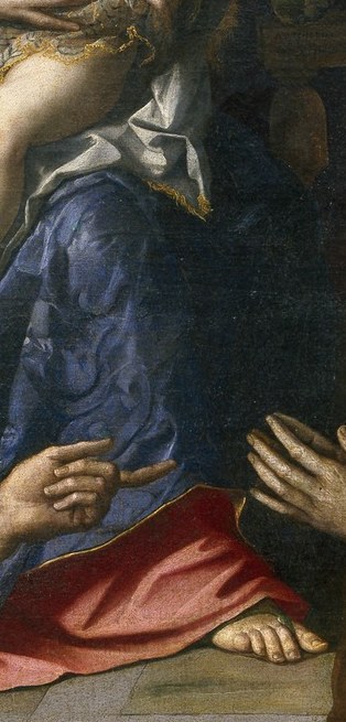 The Virgin Mary's blue robe, for example, shines in the shadows.