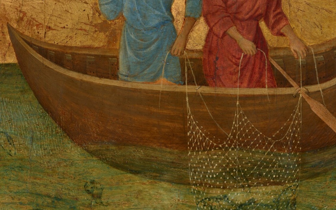 The floating threshold: it separates the brothers from Christ and from dry land, making it the last material anchor of their former lives.