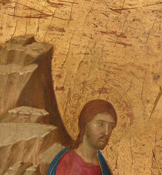 The initiating presence of the panel: halo designates divinity before a word is spoken, and his gaze anchors the entire left-to-right reading of the calling.