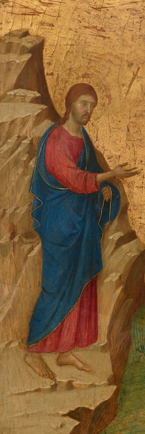 Draped in dark red over blue, Christ is the tallest figure; Duccio uses scale as hierarchy, a Byzantine convention that survives even as the figures edge toward naturalism.