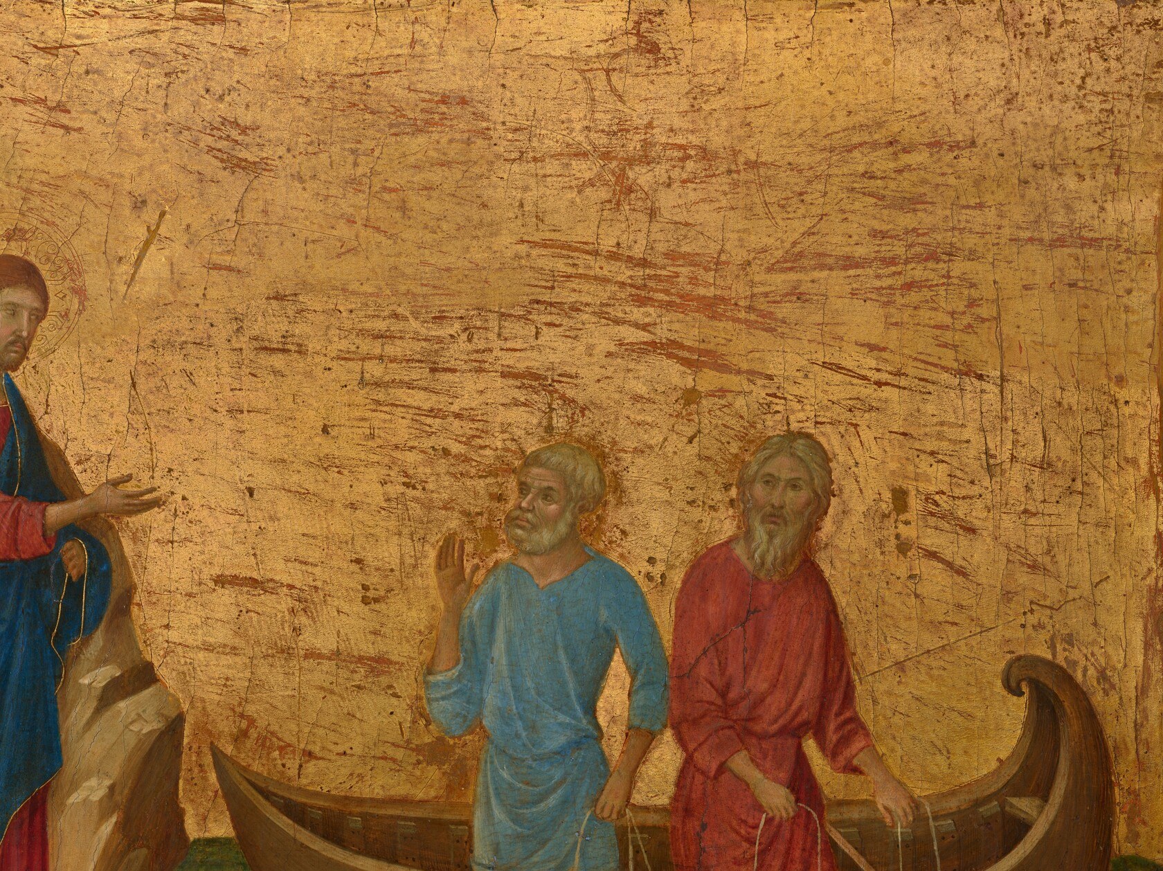 Not sky but eternity , the flat gold signals divine timelessness; it makes the narrative float outside history even as the figures enact a specific human moment.