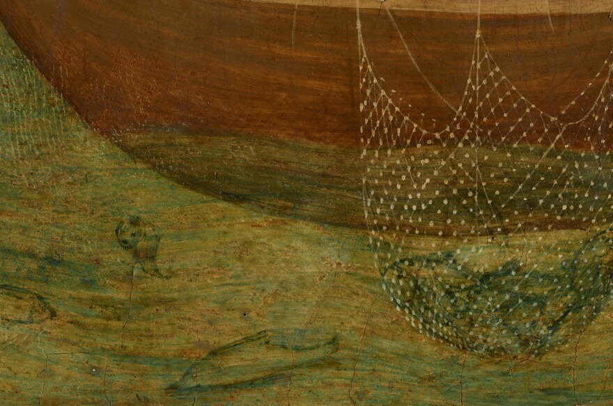 The panel's most virtuoso passage: the mesh is painted thin enough that the fish beneath remain legible through it , a rare naturalistic leap for 1308.