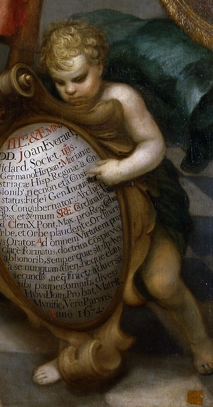 Nearby, a small cherub holds a scroll, hinting at divine guidance.