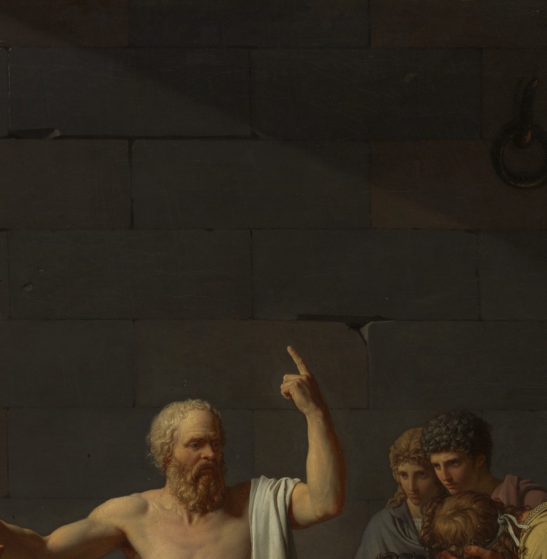 The signature gesture of the painting, mid-lecture on the soul's immortality, he reaches toward the idea rather than the cup; thought over survival