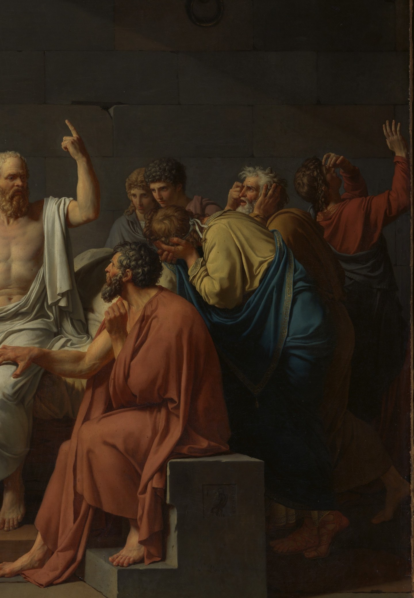 David treats them as a classical relief frieze, varied postures of covering eyes, leaning, embracing, a catalog of grief borrowed from antique sarcophagus sculpture
