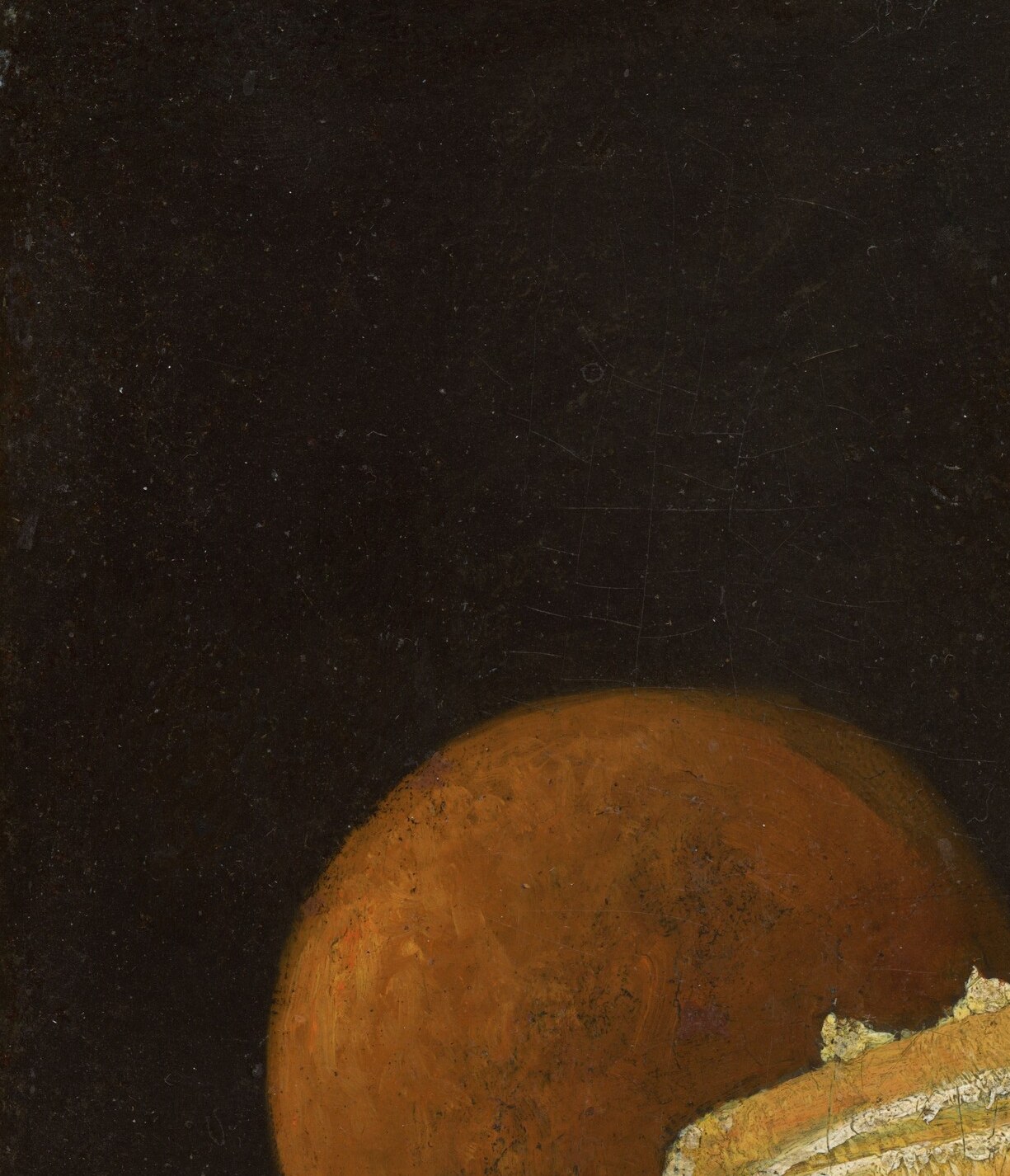 The most luminous sphere in the composition; its strong specular highlight anchors the painting's light source and demonstrates Peto's grasp of form through chiaroscuro.