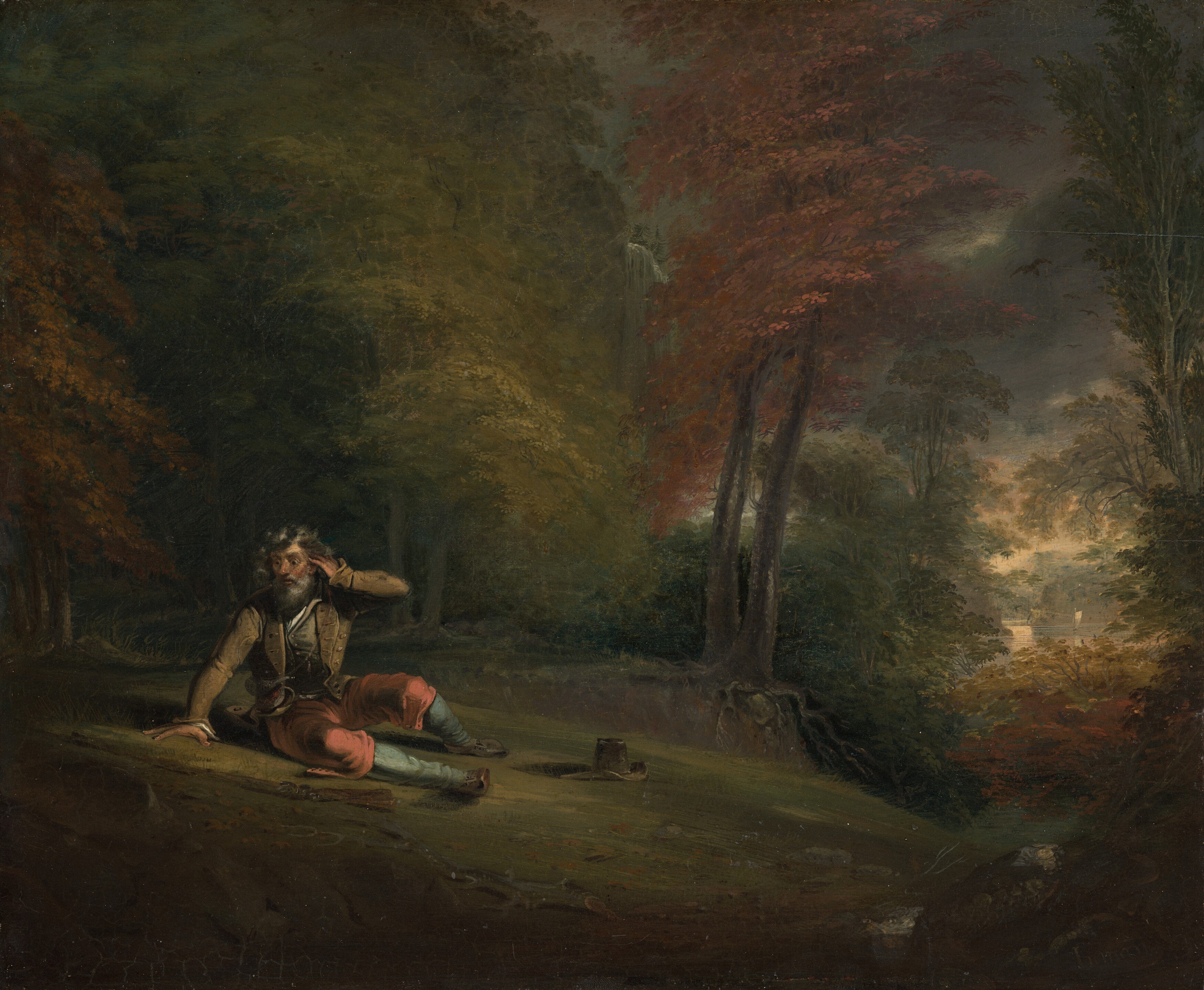 The dark, imposing trees create a sense of isolation and the passage of time, emphasizing Rip's solitary slumber.