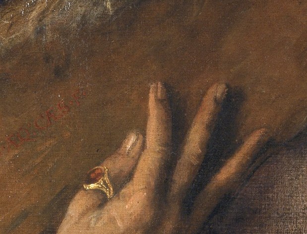 Simon's rough hand joins Christ's on the wood.