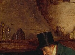 A period-accurate, old-fashioned hat that visually rhymes with , and contrasts , the new fashionable bonnet being displayed, underscoring the generational divide