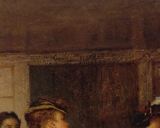 The symbolic crux of the painting: a modern consumer object thrust into a rustic, old-fashioned kitchen, embodying centennial-era social aspiration