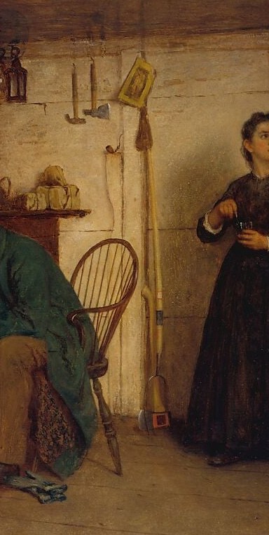 Her dark, modest dress contrasts directly with the younger woman's energy; her posture and gaze toward the hat reveal curiosity or quiet admiration