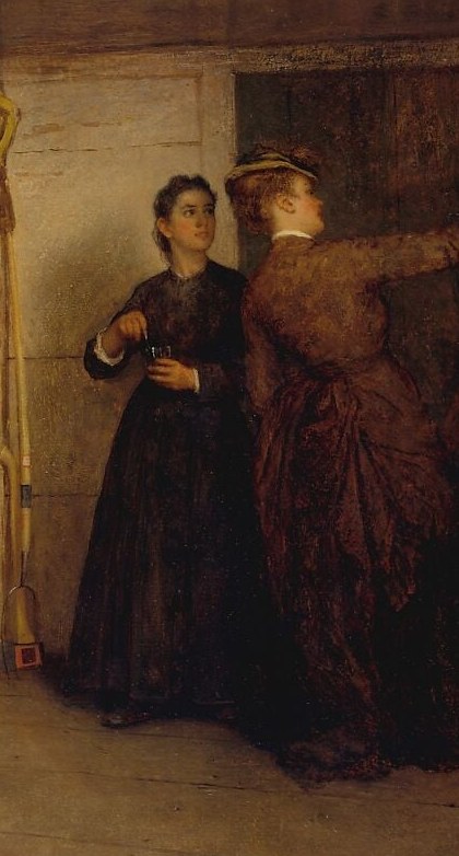 The compositional anchor , her upraised arm and confident posture dramatize the act of display; the fashionable hat she lifts is the narrative object of the entire scene