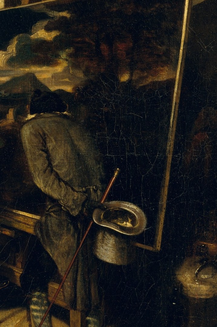 His extreme close-up proximity to the canvas parodies the myopic critic who sees only brushwork and misses meaning , a key satirical beat