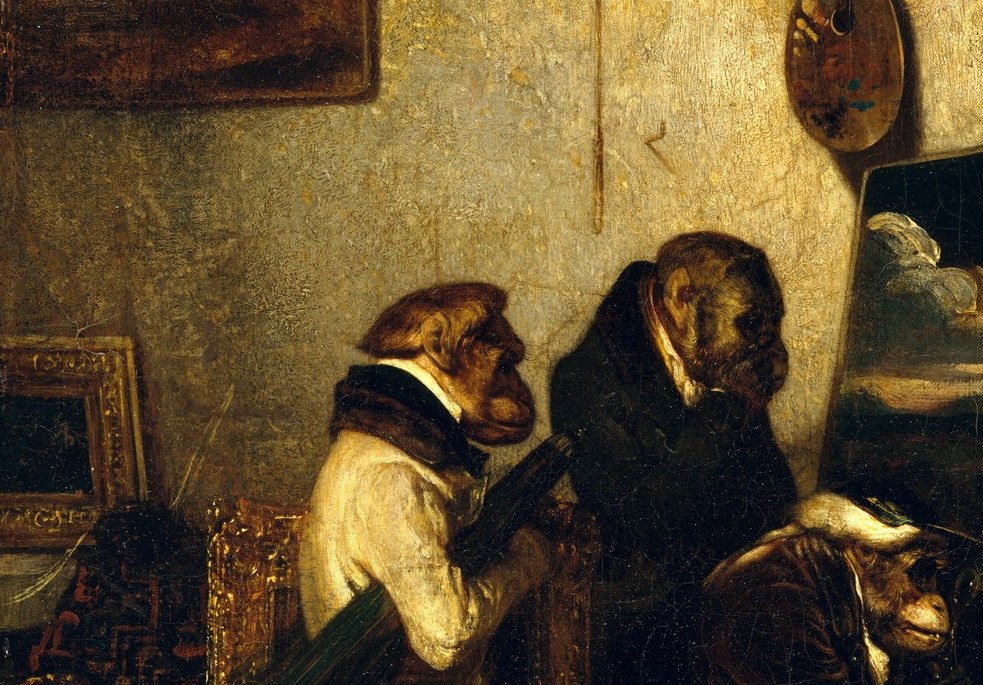 The faces carry the full satirical charge: Decamps rendered ape expressions to mimic human earnestness, the closer you look the funnier and more cutting the likeness