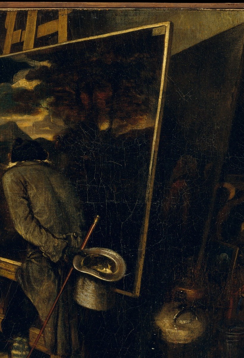 The painting-within-a-painting is the punchline: a dignified Poussin landscape subjected to ape appraisal , a direct commentary on academic criticism
