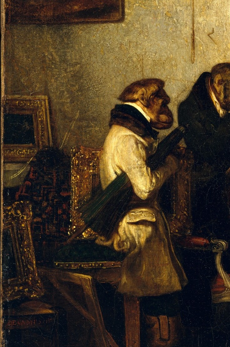 The anchor figure of the satire , dressed as a French gentleman critic, his posture of hunched scrutiny embodies pompous connoisseurship