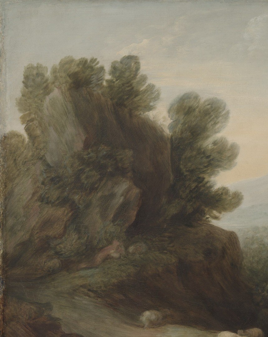 Gainsborough's signature feathery foliage technique , loosely dabbed strokes create an almost musical rhythm of leaf masses, framing and darkening the left third like a theatrical wing.