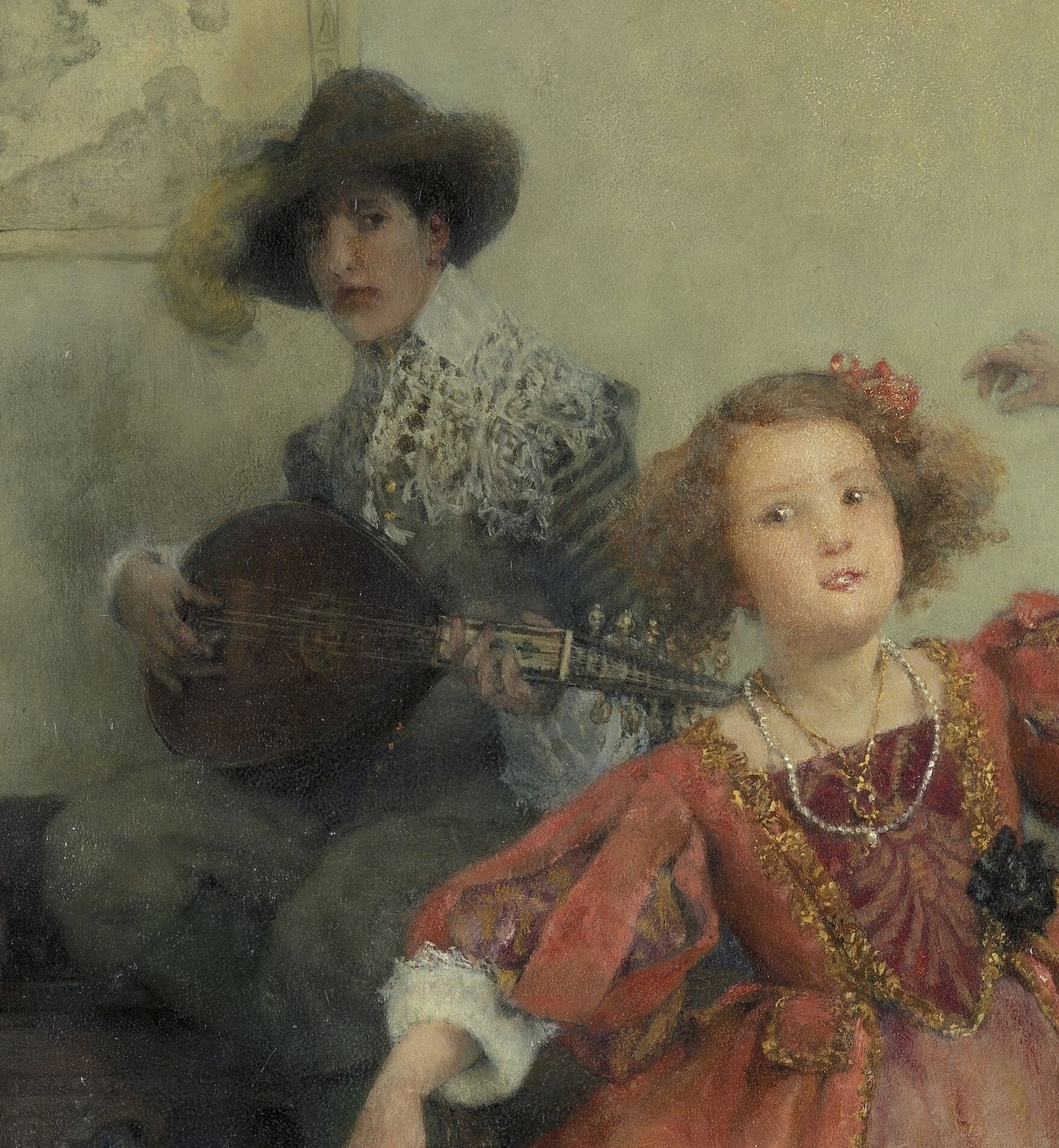 A musician provides accompaniment on a lute, a cultured instrument.